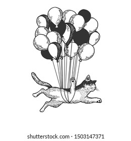 Cat animal flies on air balloons sketch engraving vector illustration. Tee shirt apparel print design. Scratch board style imitation. Black and white hand drawn image.