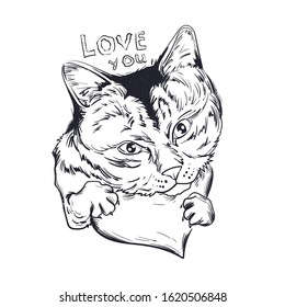 Cat animal on monochrome heart, love you isolated feline pet sketch. Vector illustration postcard February 14, cute grey striped kitten symbol of love and passion, St. Valentines day holiday greeting 