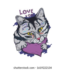 Cat animal on purple heart, love you isolated feline pet sketch. Vector illustration postcard February 14, cute grey striped kitten symbol of love and passion, St. Valentines day holiday greeting card