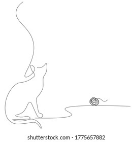 Cat animal on white background play with toy. Continuous line drawing design. Vector illustration