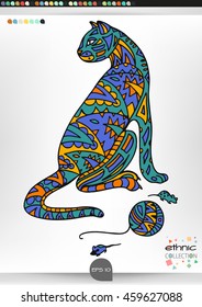 Cat. Animal patterns with hand-drawn doodle waves and lines. Vector illustration in bright colors.