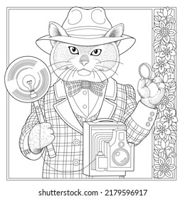 Cat animal portrait. Fairytale design, coloring book page for adults and kids