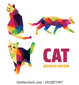 Cat Animal Set in Colorful Polygonal low poly. Cat Icon in Colorful abstract. Vector of cat collection