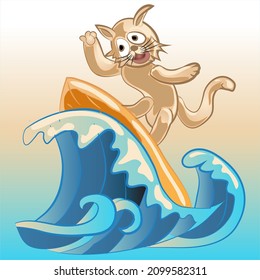 Cat Animal Surfer Vector Illustration and Sport Activity Sign