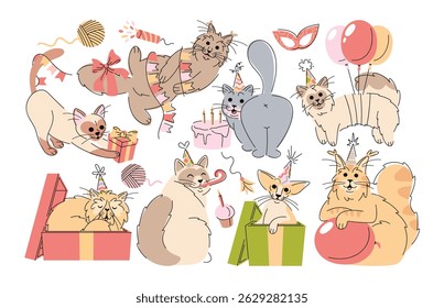 Gato animais desenhados à mão personagens celebrando a festa de aniversário com acessórios festivos diferentes