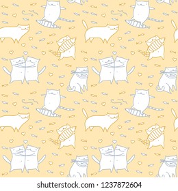 Cat animals seamless pattern. Cute cartoon doodle cats icons set.
