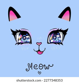 Cat Anime eye print and text Meow. Kitten portrait drawing in anime style. Kitty cartoon style face.