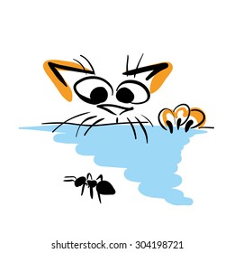 Cat and ant. Vector illustration.