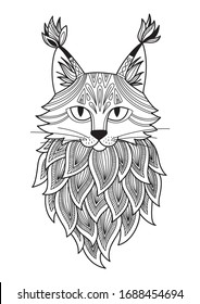 Cat antistress adult doodle coloring book page. Black and white illutration.