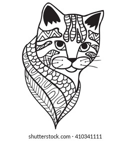 Cat anti-stress coloring book for adults in zentangle,style. Black and white hand drawn vector. doodle, zendala print with ethnic patterns. design for spiritual relaxation for adults.