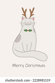 Cat with antlers its head and Christmas tree branch on the neck instead of a butterfly. 