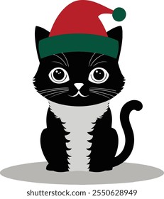 Cat with antlers its head and red nose ,Cute cat illustration with a Christmas tree hat