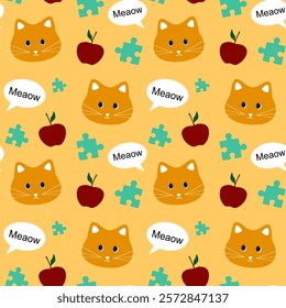 Cat, Apple, On orange Background, Fabric Pattern, Wrapping Paper, Notebook Cover Pattern , seamless pattern 