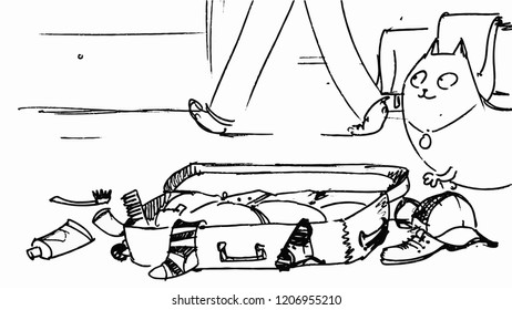 the cat approaches the suitcase with clothes, the suitcase is open,storyboard.