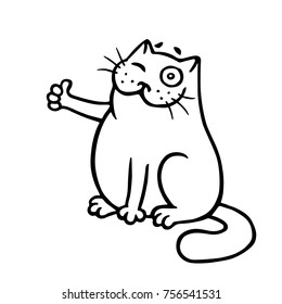 The cat approves and shows a thumbs-up. Great idea. Funny cartoon cool character. Isolated vector illustration. White color background.