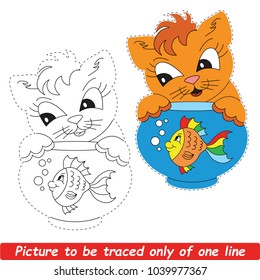 Cat And Aquarium Fish Beautiful. One Line Tracing Dot to Dot Educational Game for Kids.