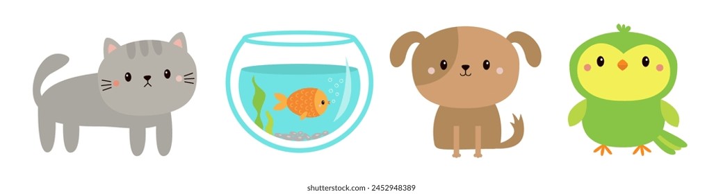 Cat, aquarium fish, dog, parrot bird. Pet set line. Cute cartoon kawaii funny baby character. Childish icon. Sticker print template. Flat design. White background. Isolated Vector illustration