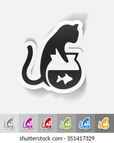 cat and aquarium paper sticker with shadow. Vector illustration