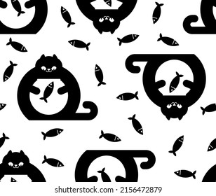 Cat and aquarium pattern seamless. Cat watching fish in aquarium background. Baby fabric texture