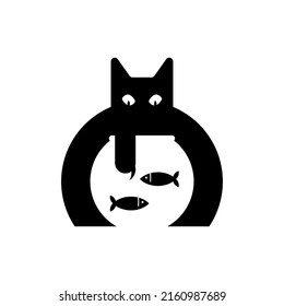 Cat and aquarium. Cat watching fish in aquarium. Vector illustration