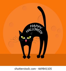 Cat arch back. Happy Halloween greeting card. Yellow eyes, fangs, curl moustaches whisker. Funny cartoon character. Big moon. Orange background. Flat design. Vector illustration