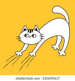 Cat arch back. Kitten scratching. Scratch track. Doodle linear sketch. Black contour silhouette. Cute funny cartoon character. Happy Halloween. Sticker print Yellow background Flat design Vector