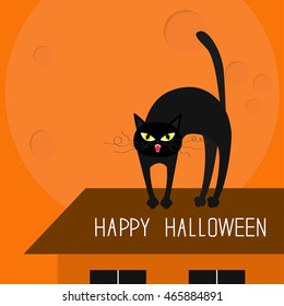 Cat arch back. Kitty on roof. Yellow eyes, fangs, curl whisker. Happy Halloween card. Moon, house, windows. Funny cartoon character. Isolated Orange background Flat design. Vector illustration