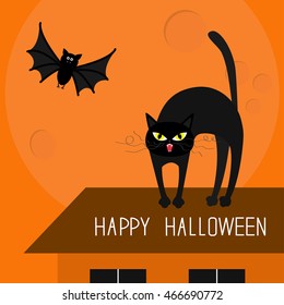 Cat arch back. Kitty on roof. Yellow eyes, fangs, curl whisker. Flying bat. Happy Halloween card. Moon, house, windows. Funny cartoon character Isolated Orange background. Flat design Vector