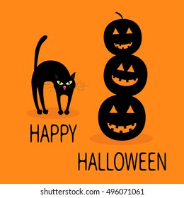 Cat arch back. Three black silhouette funny smiling pumpkins. Cute cartoon baby character. Happy Halloween. Greeting card. Orange background. Flat design. Vector illustration