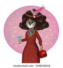 Cat in Art Deco Style. An elegant cat with a chic hairstyle in an evening dress holds a cocktail and a bag, a headband with feathers. Retro Party in Chicago, Fashion illustration 