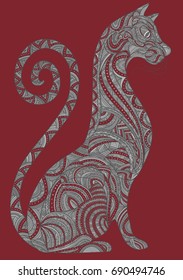 Cat art zen tangle style, red background