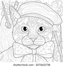 Cat artist in a beret and with brushes.Coloring book antistress for children and adults. Illustration isolated on white background.Zen-tangle style. Hand draw