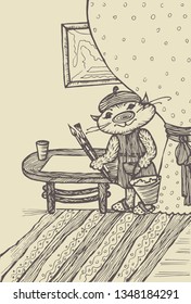 cat artist character. Hand-drawn graphic vector illustration for children's book