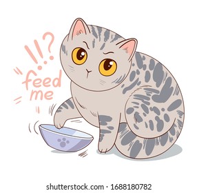 Cat asks for feed sitting in front of an empty bowl. Funny cartoon character. Vector illustration. Isolated on white background