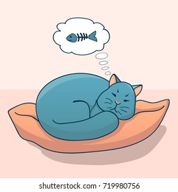 cat asleep on a pillow and sees a dream about a fish, vector illustration