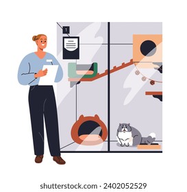 Cat and assistant in pet hotel. Cattery worker caring about feline guest. Housing, accommodation, animal service. Temporary living for kitty. Flat vector illustration isolated on white background