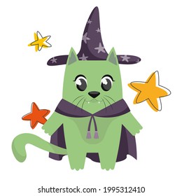 Cat in astrologer costume. Halloween character in cartoon style
