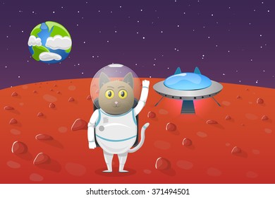 Cat astronaut. Cat alien in a spacesuit. Mars and Earth. Flying saucer. Funny and cartoon. Vector illustration.