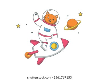 Cat in astronaut costum flying a rocket. Cute fantasy animal. Character design. Vector flat illustration