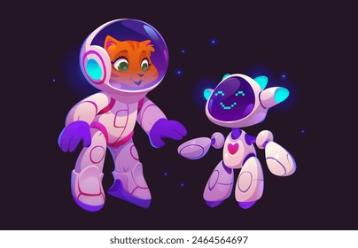 Gato astronauta y lindo robot divertido en el Vector espacial. Animal con un amigo de carácter aéreo volando juntos en el cosmos. Galaxia de Explore de mascotas y robot de inteligencia artificial en traje espacial y casco en cabeza.