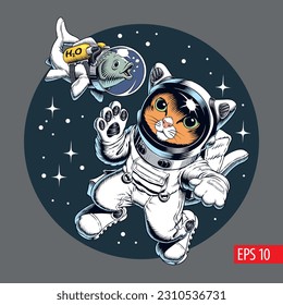 Cat astronaut and fish in spacesuit floating in outer space. Comic style vector illustration.