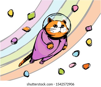 Cat astronaut flying into space. flying vitaminth around the cat. animal health concept. trendy print. vector illustration/.
