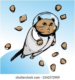 Cat astronaut flying into space. flying feed pads around the cat.animal food trendy print. vector illustration.