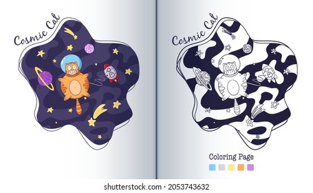 Cat Astronaut Flying with Rocket in Space Coloring Page. Cartoon Style. Hand Drawn funny animal cosmonaut with spaceship children illustration. Premium Vector