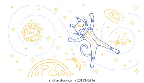 Cat astronaut flying in space. Vector illustration