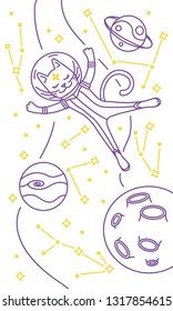 Cat astronaut flying in space. Vector illustration