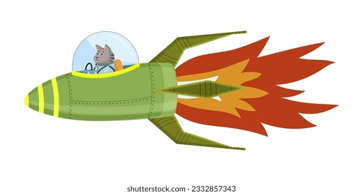 Cat astronaut having space exploration via green rocket with huge flame. Concept of cartoon cosmos spaceship, galactic spacecraft. Vector illustration, isolated on white background