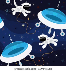 The cat the astronaut investigates space. Vector seamless pattern