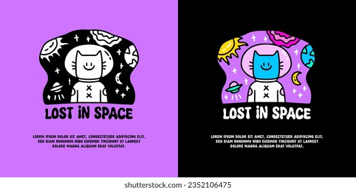 Cat astronaut with lost in space typography, illustration for logo, t-shirt, sticker, or apparel merchandise. With doodle, retro, groovy, and cartoon style.