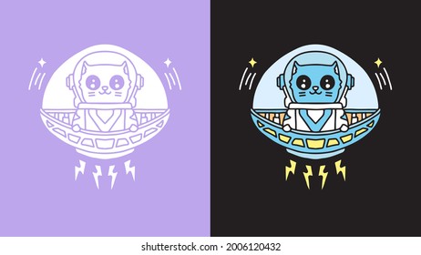 astronauta de gato monta nave espacial en estilo retro. ilustración para camisetas, afiches, logotipos, pegatinas o prendas de vestir.